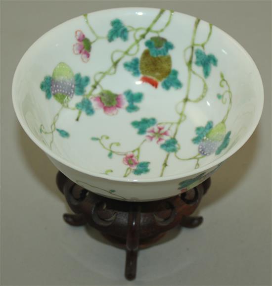 A Chinese famille rose lychees bowl, Guangxu mark and probably of the period (1875-1908), 13.5cm, wood stand